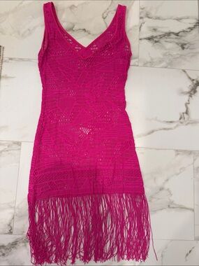 Luli Fama Hot Pink Crochet Fringe Swim Coverup Dress